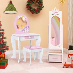 Costway Kids Jewelry Cabinet Standing Children Jewelry Organizer w/Drawer-White in White - thumbnail 3
