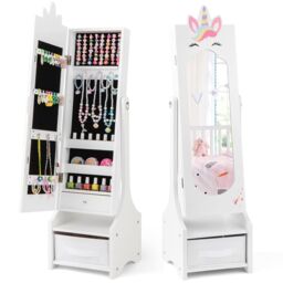 Costway Kids Jewelry Cabinet Standing Children Jewelry Organizer w/Drawer-White in White