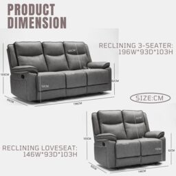 FURNITURE ONE Manual Recliners Sofa, Recliner Couches Set, 2 Seater + 3 Seater - Grey - Size: 1 Pack - thumbnail 2