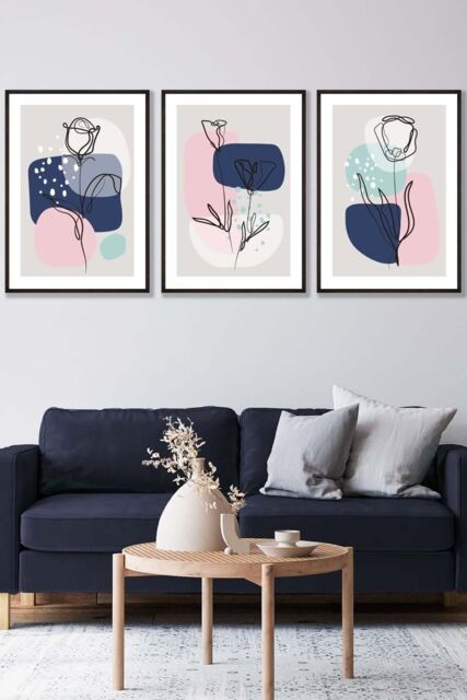 ARTZE Set of 3 Black Framed Line Art Spring Flowers on Navy Pink Boho Shapes Wall Art - Size: W33 cm x H45 cm x D20mm - image 1