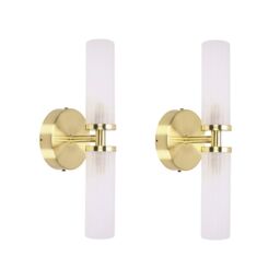 ValueLights Canya Pair of Gold IP44 2 Way Frosted Reeded Glass Wall Lights with LED Bulbs - thumbnail 5