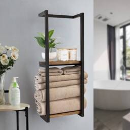 EONLION Wall Mounted Towel Rack Metal Storage Shelf Holder Rail in Black - thumbnail 5