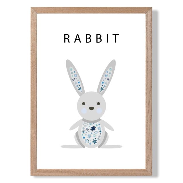 ARTZE Cute Rabbit with Blue Stars Framed Print SIZE: A2 with Oak Frame in Pale Blue - Size: A4 - image 1