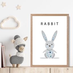 ARTZE Cute Rabbit with Blue Stars Framed Print SIZE: A2 with Oak Frame in Pale Blue - Size: A4 - thumbnail 2