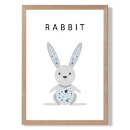 ARTZE Cute Rabbit with Blue Stars Framed Print SIZE: A2 with Oak Frame in Pale Blue - Size: A4 - thumbnail 1