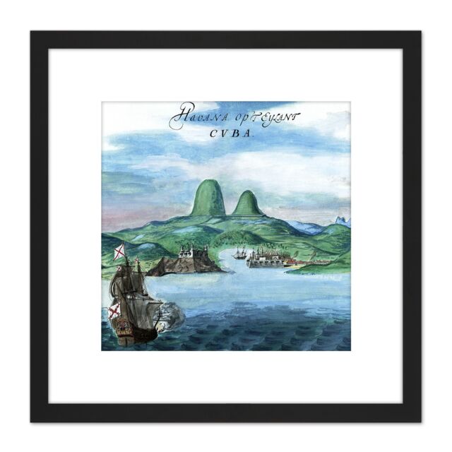 Artery8 Vingboons Havana Cuba 1639 Landscape Painting 8X8 Inch Square Wooden Framed Wall Art Print Picture with Mount in Black - image 1