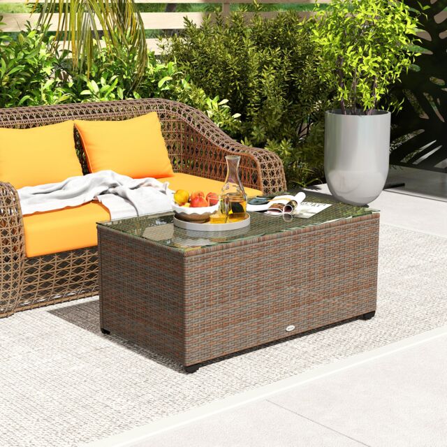 OUTSUNNY Outdoor Coffee Table, Glass Top Rattan Side Table in Brown - image 1