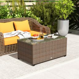 OUTSUNNY Outdoor Coffee Table, Glass Top Rattan Side Table in Brown - thumbnail 1