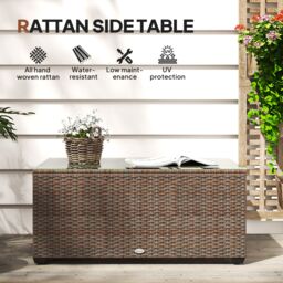 OUTSUNNY Outdoor Coffee Table, Glass Top Rattan Side Table in Brown - thumbnail 4