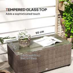 OUTSUNNY Outdoor Coffee Table, Glass Top Rattan Side Table in Brown - thumbnail 5