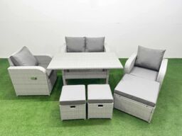 Fimous Light Grey PE Wicker Rattan Garden Furniture Set Sofa Set Reclining Chair Rectangular Dining Table 7 Seater 3 Stools - thumbnail 2