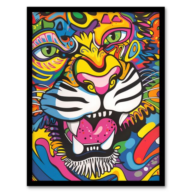 Artery8 Colourful Arty Tiger Portrait Fun Bold Hippy Framed Art Print - Size: A4 - image 1