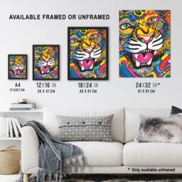Artery8 Colourful Arty Tiger Portrait Fun Bold Hippy Framed Art Print - Size: A4 - thumbnail 3