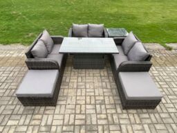 Fimous Rattan Garden Outdoor Furniture 3 PC Love Sofa Set Patio Adjustable Rising lifting Dining Table With Side Table 2 Big Footstool in Dark Grey - thumbnail 2