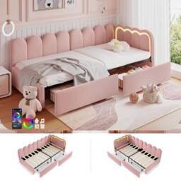 Merax 3ft Single Velvet Daybed with LED & 2 Storage Drawers for Children in Pink - thumbnail 2