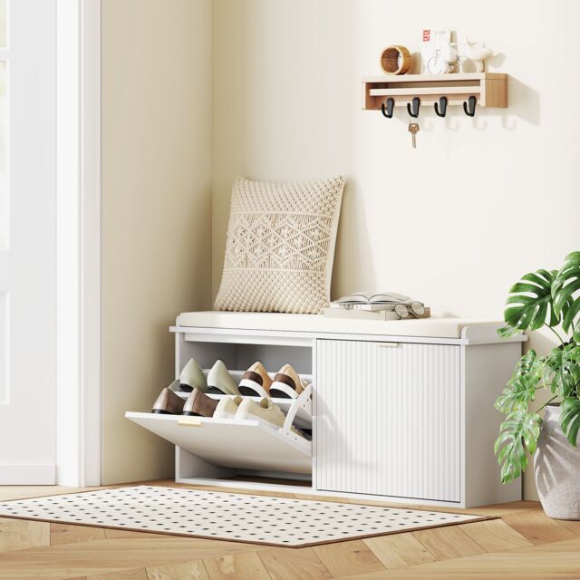 HOMCOM Shoe Storage Bench with Cushion & Flip-Drawer 104x26x47.5cm in White - Size: 104x26x47.5 cm - image 1