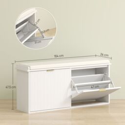HOMCOM Shoe Storage Bench with Cushion & Flip-Drawer 104x26x47.5cm in White - Size: 104x26x47.5 cm - thumbnail 3
