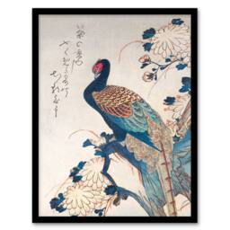 Artery8 Utagawa Hiroshige Framed Wall Art Print Pheasant & Chrysanthemums in Blue - Size: A4 - thumbnail 1