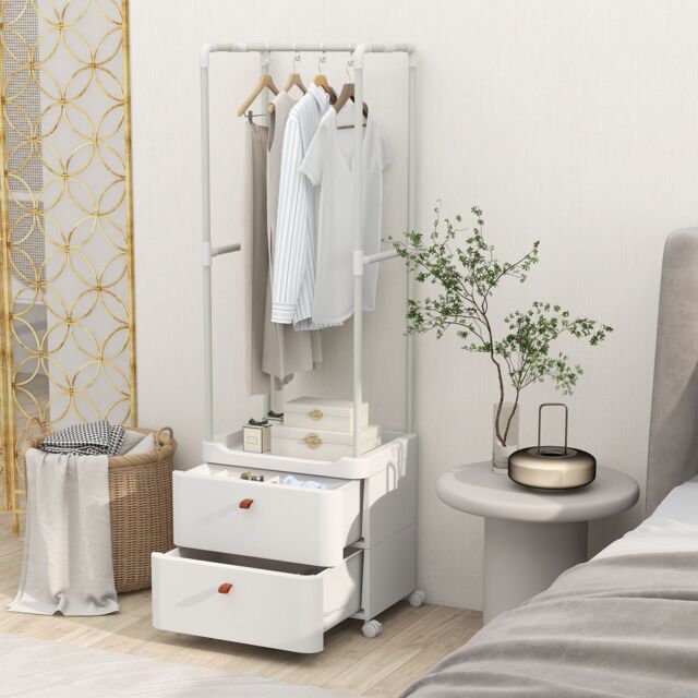 Costway 2 Drawer Clothes Rack Closet Organizer with Lockable Wheels & Hanging Rod in White - image 1