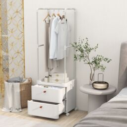 Costway 2 Drawer Clothes Rack Closet Organizer with Lockable Wheels & Hanging Rod in White - thumbnail 1