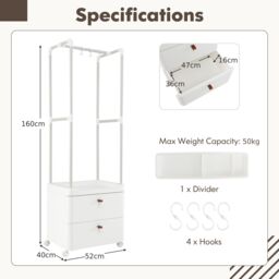 Costway 2 Drawer Clothes Rack Closet Organizer with Lockable Wheels & Hanging Rod in White - thumbnail 3