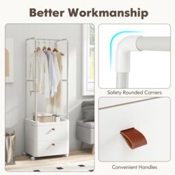 Costway 2 Drawer Clothes Rack Closet Organizer with Lockable Wheels & Hanging Rod in White - thumbnail 4