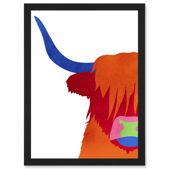 Artery8 Bright Highland Scottish Cow Bull Coo Colourful Artwork Framed Wall Art Print A4 in Black - image 1