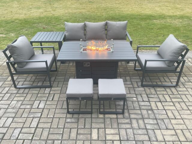 Fimous Aluminium Patio Outdoor Garden Furniture Lounge Sofa Set Gas Fire Pit Dining Table with Side Table 2 Small Footstools Dark Grey - image 1
