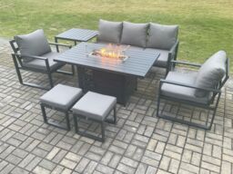 Fimous Aluminium Patio Outdoor Garden Furniture Lounge Sofa Set Gas Fire Pit Dining Table with Side Table 2 Small Footstools Dark Grey - thumbnail 2