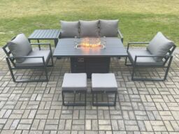 Fimous Aluminium Patio Outdoor Garden Furniture Lounge Sofa Set Gas Fire Pit Dining Table with Side Table 2 Small Footstools Dark Grey - thumbnail 1