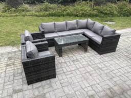 Fimous 8 Seater Rattan Corner Sofa Lounge Sofa Set With Rectangular Coffee Table 2 Arm Chair Right Hand in Dark Grey - thumbnail 2
