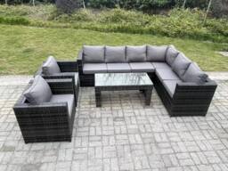 Fimous 8 Seater Rattan Corner Sofa Lounge Sofa Set With Rectangular Coffee Table 2 Arm Chair Right Hand in Dark Grey - thumbnail 1