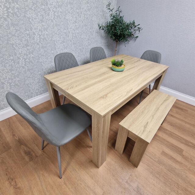 KOSY KOALA Oak Effect Dining Table Set With 4 Grey Gem Pattern Chairs & Bench Dining Room Furniture in Brown - image 1