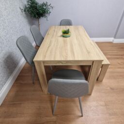 KOSY KOALA Oak Effect Dining Table Set With 4 Grey Gem Pattern Chairs & Bench Dining Room Furniture in Brown - thumbnail 3