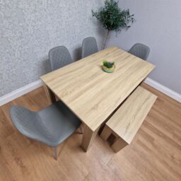 KOSY KOALA Oak Effect Dining Table Set With 4 Grey Gem Pattern Chairs & Bench Dining Room Furniture in Brown - thumbnail 2