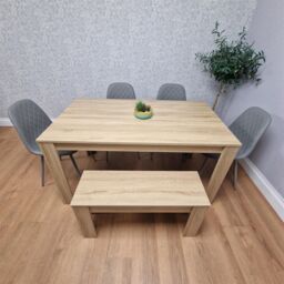 KOSY KOALA Oak Effect Dining Table Set With 4 Grey Gem Pattern Chairs & Bench Dining Room Furniture in Brown - thumbnail 4
