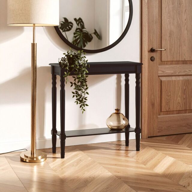 Orsina Rectangular Console Table for Hallway, Pine Wood Hallway Table for Home Office Decor, Wood Table with Carved Legs in Black