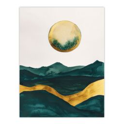 "Artery8 Abstract Full Moon Seascape Dark Green Gold Boho Wall Art Print - Size: W24"" x H32""" - thumbnail 1