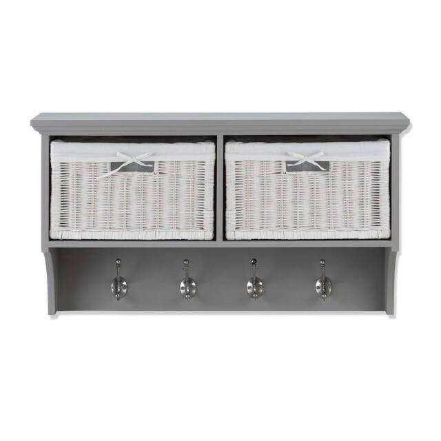 Statement Furniture Tetbury Small Hallway Coat Rack / Shelf with Wicker Storage Baskets in Light Grey - image 1