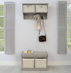 Statement Furniture Tetbury Small Hallway Coat Rack / Shelf with Wicker Storage Baskets in Light Grey - thumbnail 6