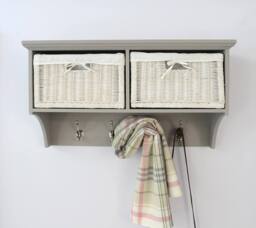 Statement Furniture Tetbury Small Hallway Coat Rack / Shelf with Wicker Storage Baskets in Light Grey - thumbnail 3
