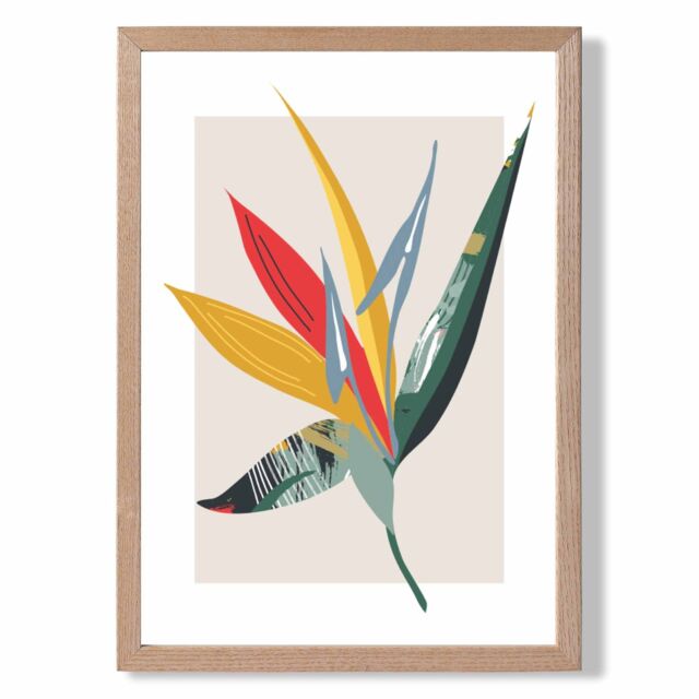 ARTZE Tropical Flower Green & Red Minamilist Framed Print SIZE: A3 with Oak Frame - Size: A4 - image 1
