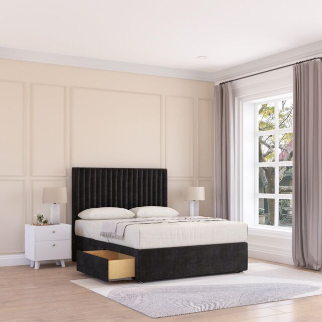 Sloomy Manhattan Plush Velvet Memory Foam Bed Set With 4 Drawers, Mattress & Headboard in Black - Size: King - image 1
