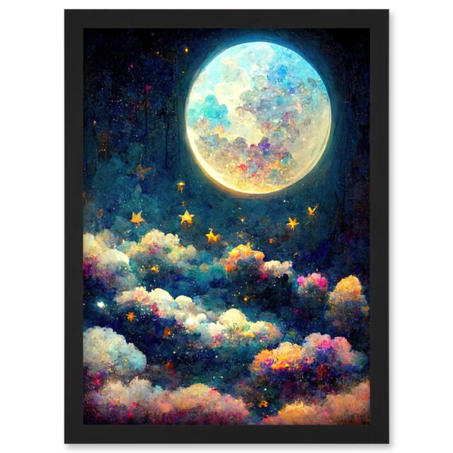 Artery8 Dreamy Night Sky Moon Stars Colourful Clouds Kids Cute Artwork Framed Wall Art Print A4 in Black - image 1