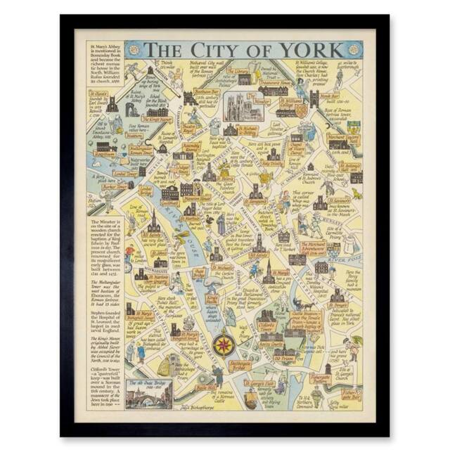 "Artery8 Map Sayer 1948 York City Streets Pictorial 12x16"" Framed Art Print in Beige - Size: W12"" x H16""" - image 1