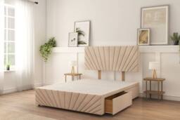 "Sloomy Amberley Plush Divan Bed Base 4 Drawers With 26"" Strutted Headboard & 12"" Matching Footboard in Light Sand - Size: King"