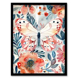 "Artery8 Butterfly Red Blue Floral Watercolour Folk Art Framed Wall Art - Size: W12"" x H16""" - thumbnail 1