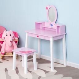 HOMCOM Kids Wooden Dressing Table with Stool Mirror Table & Desk Set Toys Pink - thumbnail 1