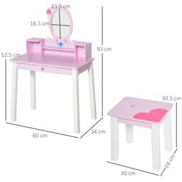 HOMCOM Kids Wooden Dressing Table with Stool Mirror Table & Desk Set Toys Pink - thumbnail 3
