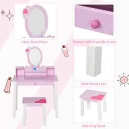 HOMCOM Kids Wooden Dressing Table with Stool Mirror Table & Desk Set Toys Pink - thumbnail 6